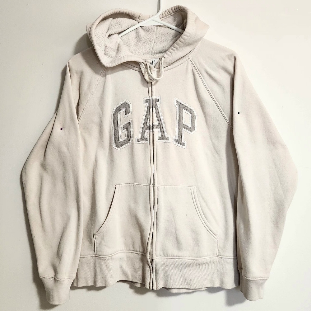 GAP Heritage Full Zip Birch Hoodie Cozy Fleece Long Sleeves Drawstrings Pockets